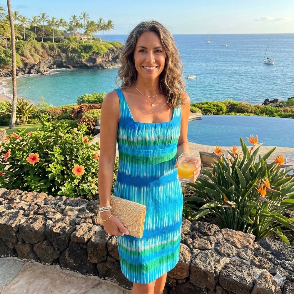 Calvin Klein Blue Green Lavender Summer Vacation Travel Midi Sheath Dress Size 2